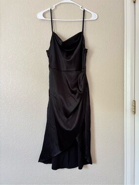 Canton Walker black satin midi dress with cowl neckline size S